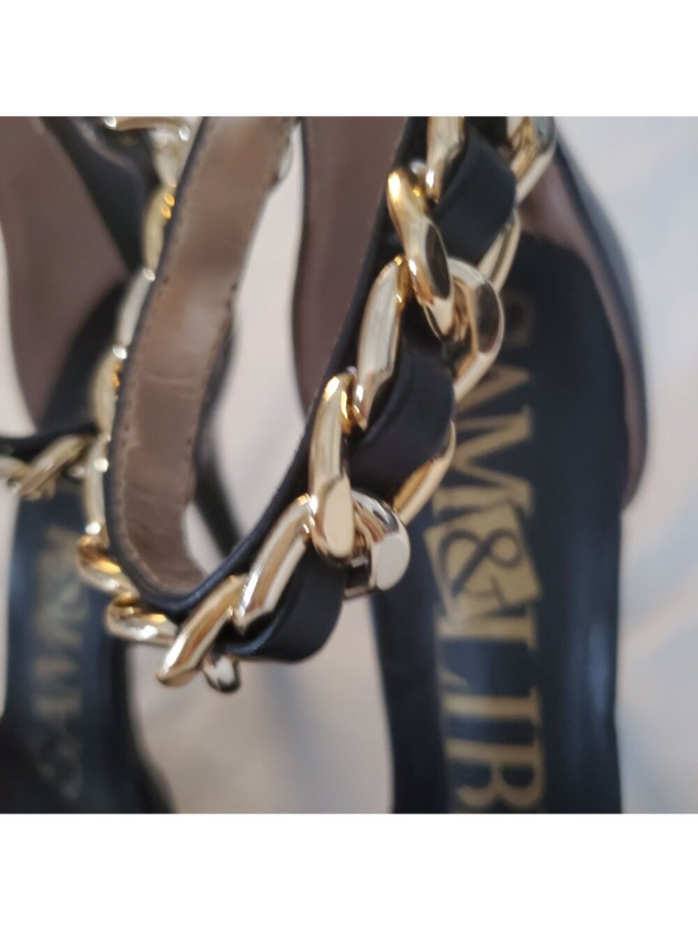 Sam & Libby Black/Gold Snake Print Ankle Chain Stiletto Heels Pumps Women's Sz 8 - Picture 8 of 13